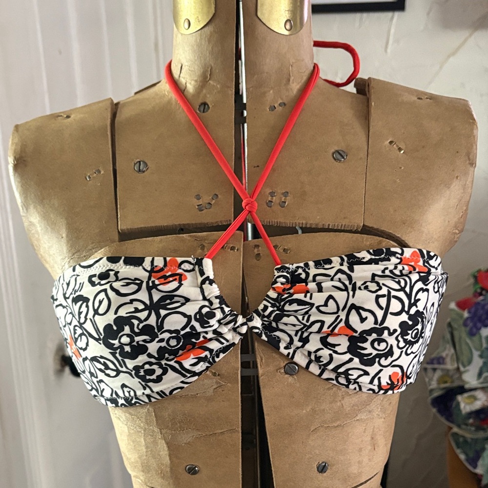 American Eagle Outfitters Black & White Floral Bandeau with Coral Halter Strap